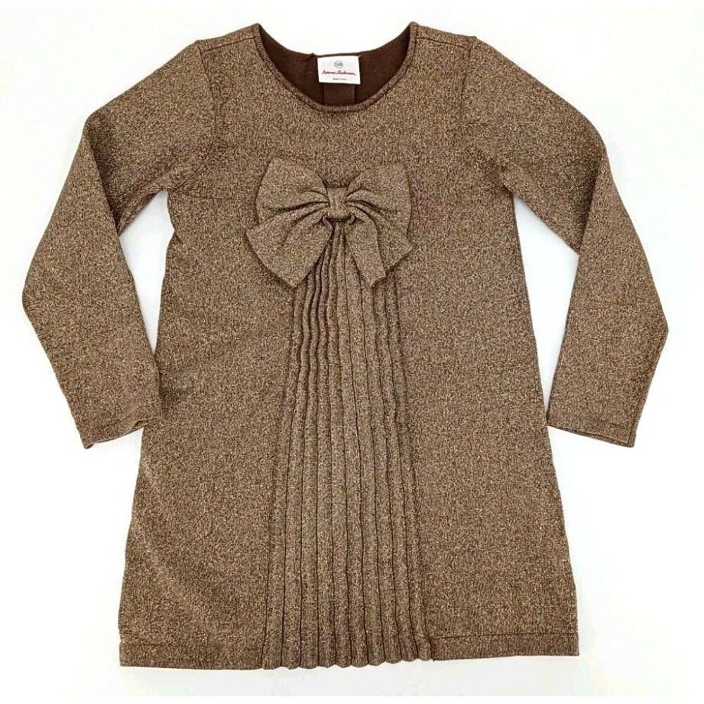 Hanna Andersson Gold Metallic Bow Sweater Dress Sz 5-6 120 Holiday Party Pleated